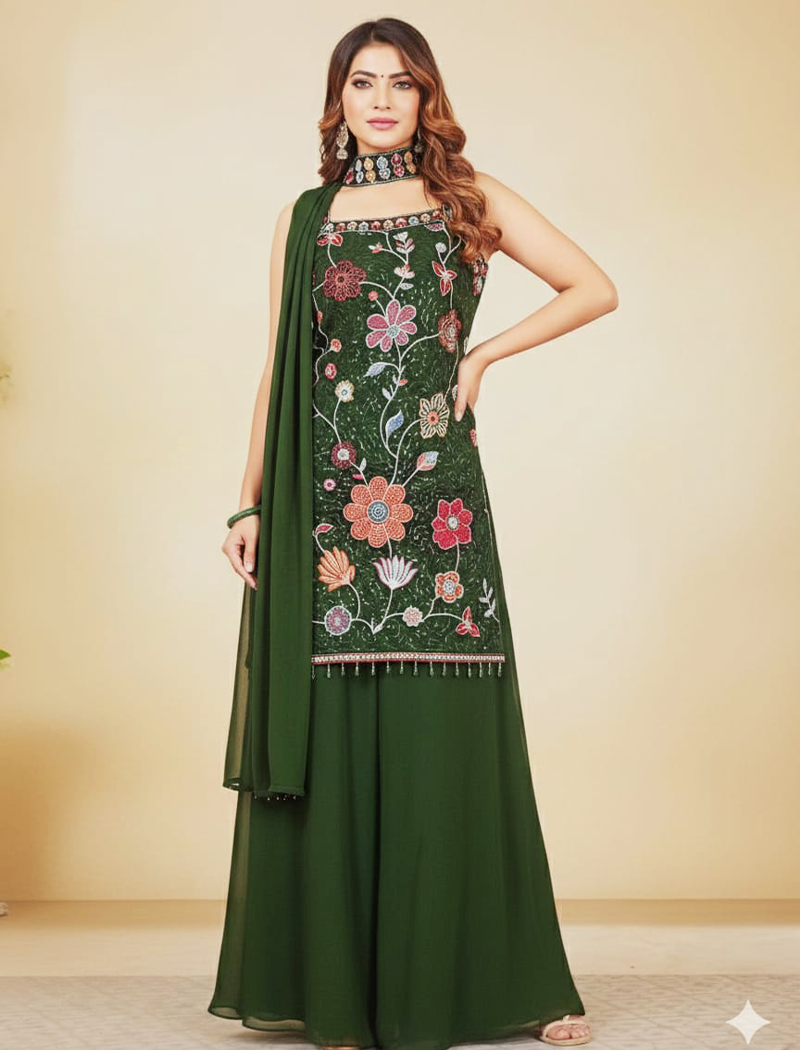 6879 -  Sharara Sets ( Bottle Green)