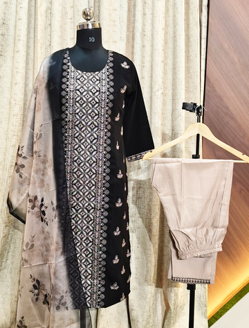 7977 - Kurti with Pant and Dupatta  (BLACK )