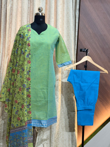 B001  -Kurti with pant and Duppatta ( Mangalagiri Green)