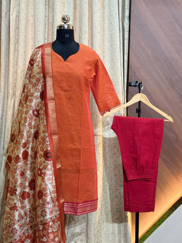 B003  -Kurti with pant and Duppatta ( Mangalagiri Orange )