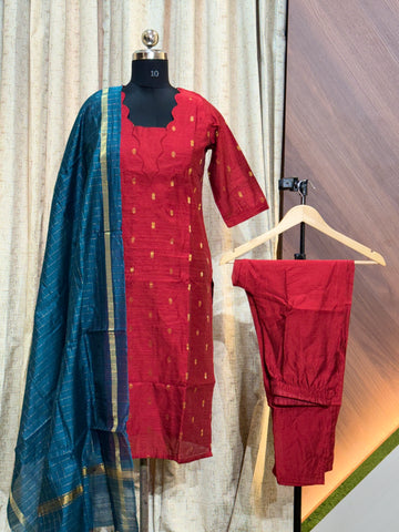 B835 - Rawsilk Kurti with Pant and Dupatta (For a wider hipline, buy one size larger)