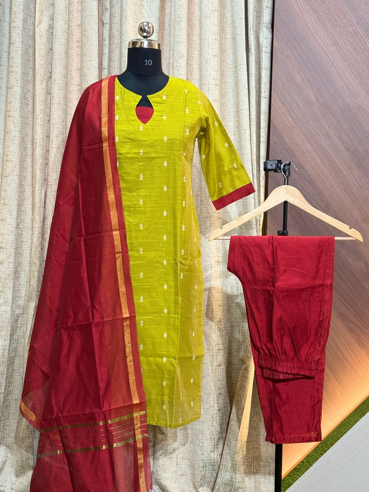 B833 - Rawsilk Kurti with Pant and Dupatta (For a wider hipline, buy one size larger)
