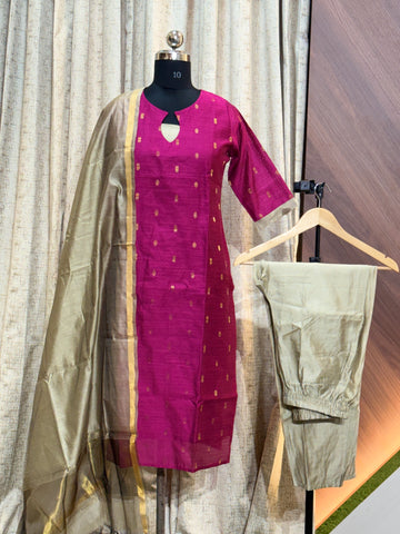 B837 - Rawsilk Kurti with Pant and Dupatta (For a wider hipline, buy one size larger)
