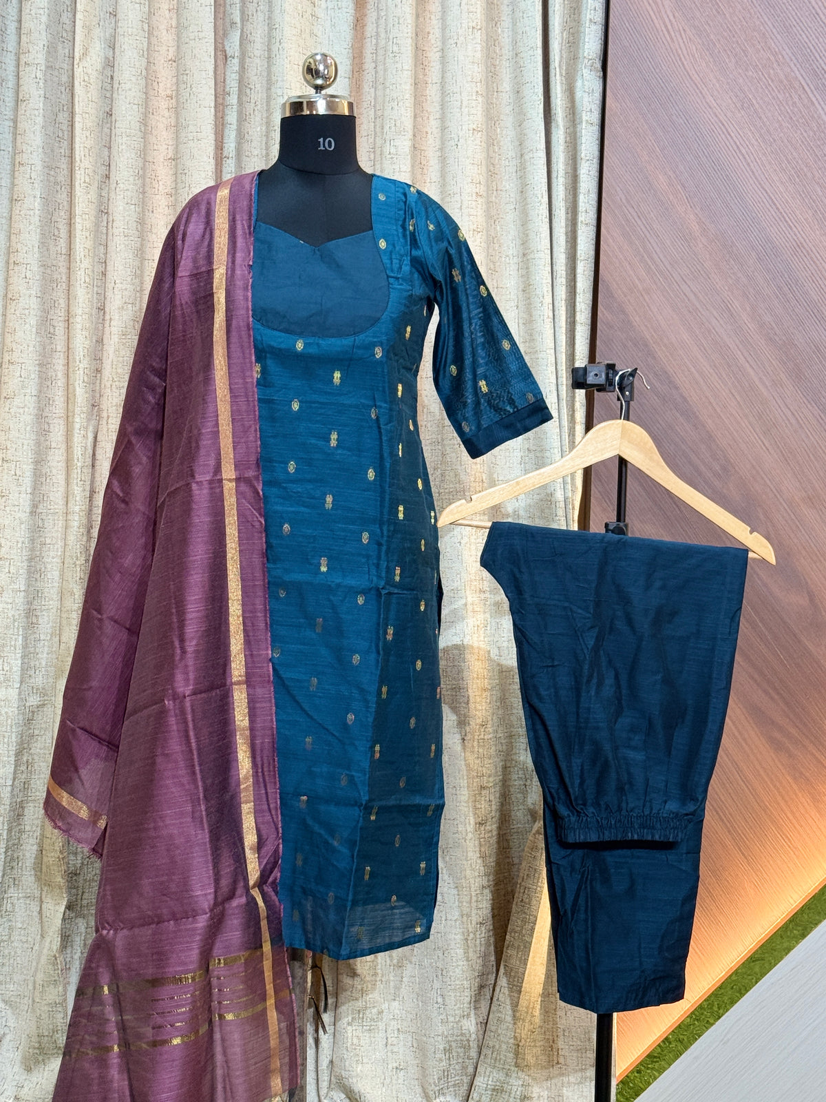 B840 - Rawsilk Kurti with Pant and Dupatta (For a wider hipline, buy one size larger)