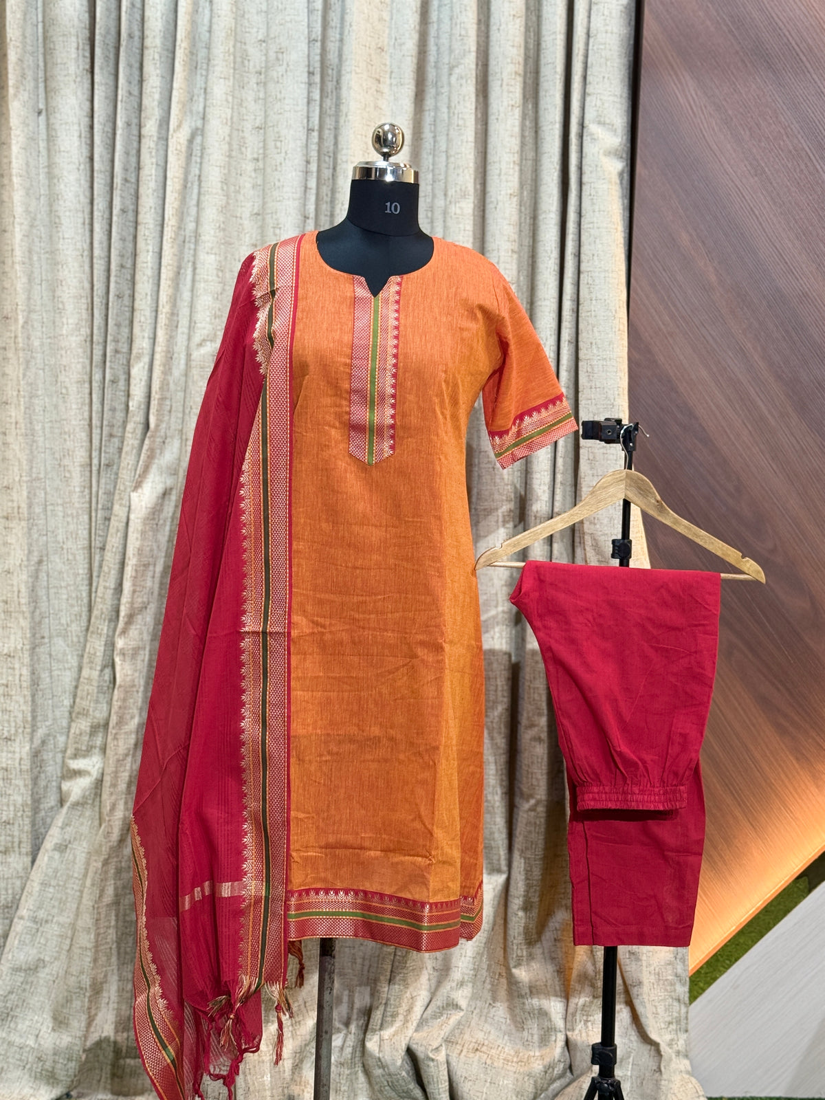 A651  - Aline  Kurti with pant and Duppatta ( Mangalagiri )