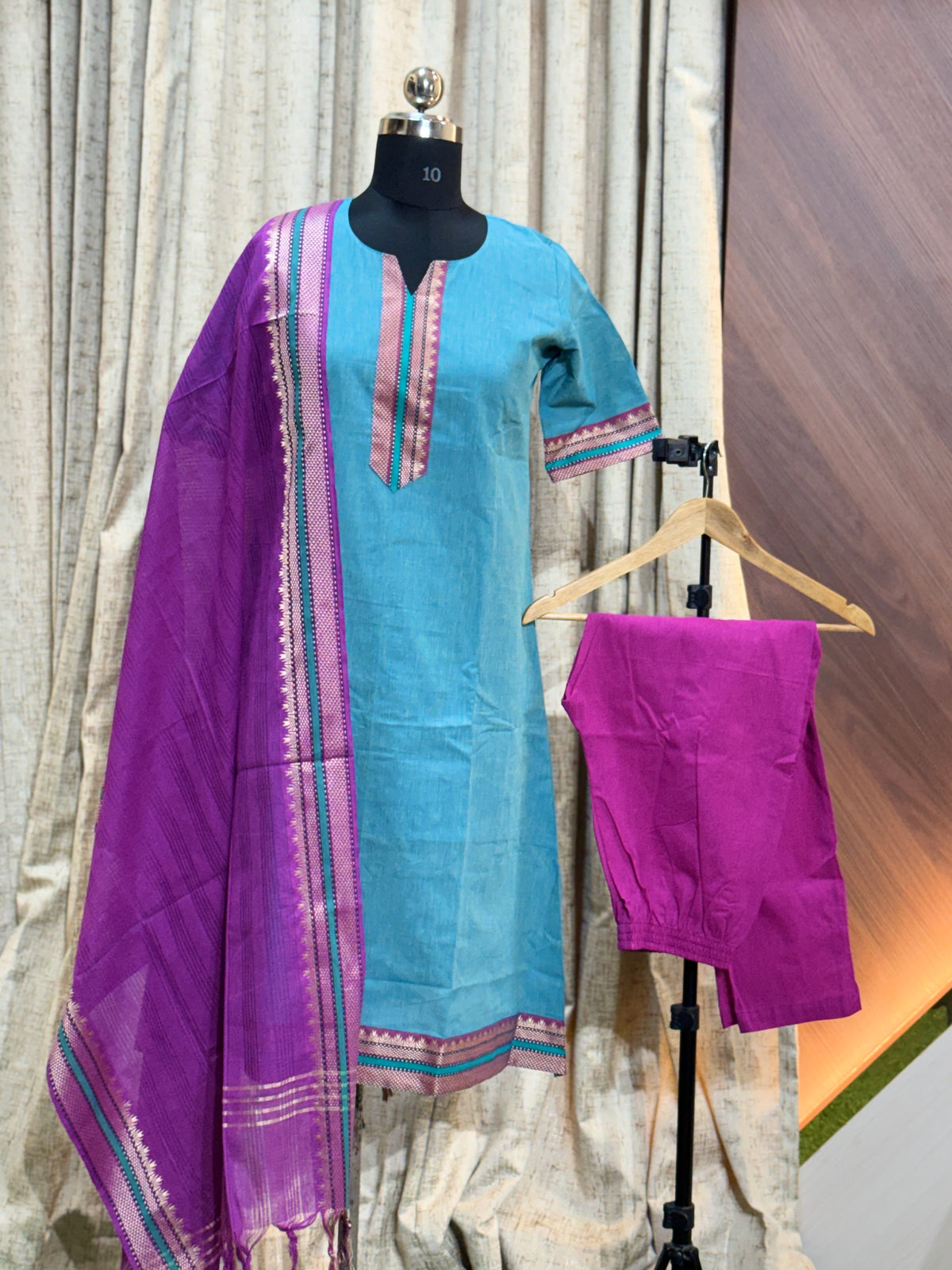A652  - Aline  Kurti with pant and Duppatta ( Mangalagiri )