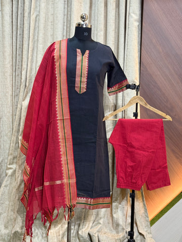 A655  - Aline  Kurti with pant and Duppatta ( Mangalagiri )