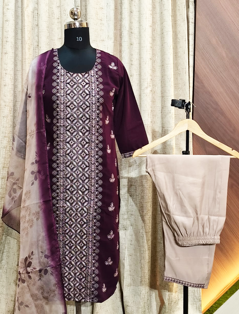 7976 - Kurti with Pant and Dupatta  (WINE)