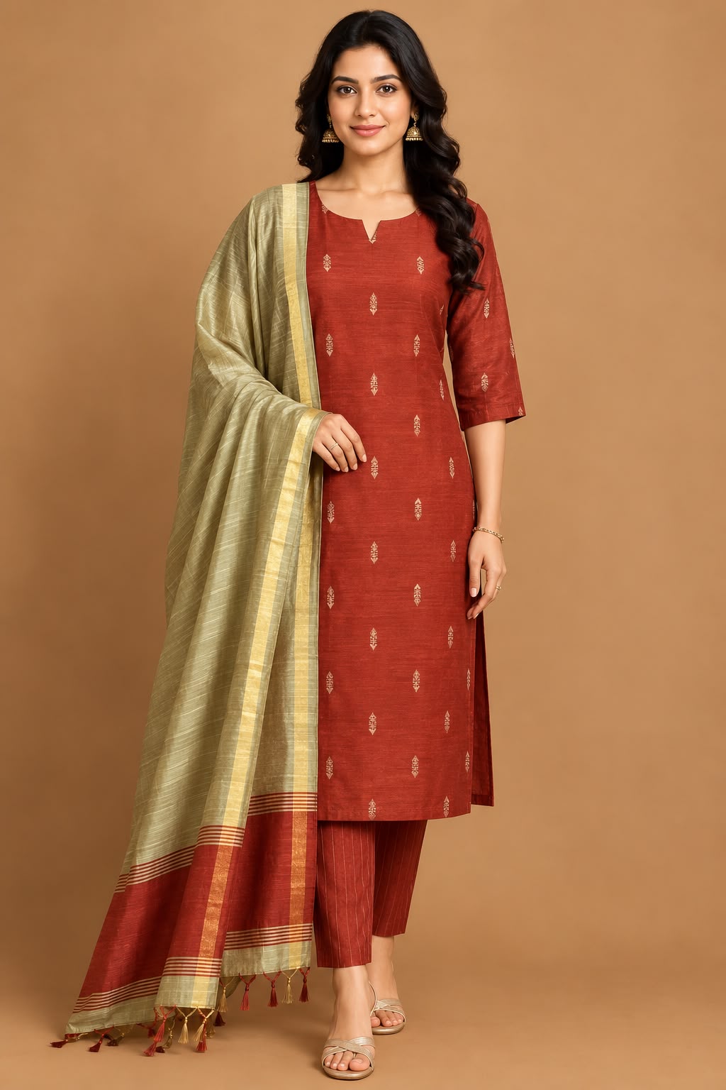 B061  - Rawsilk Kurti with Pant and Dupatta 3PC