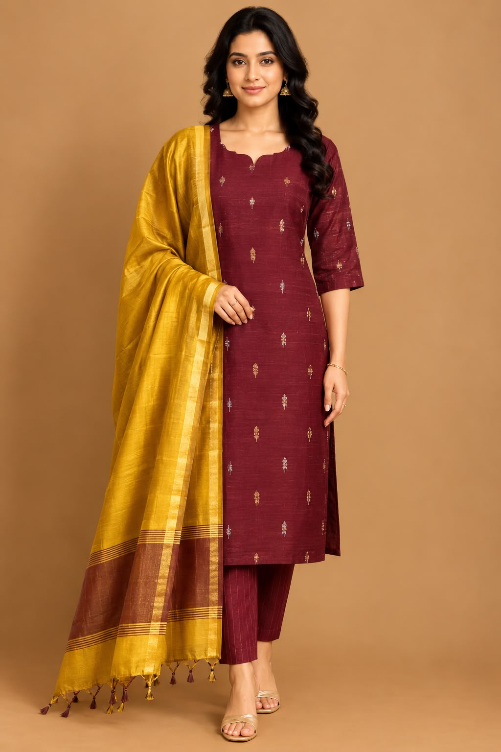 B058  - Rawsilk Kurti with Pant and Dupatta 3PC